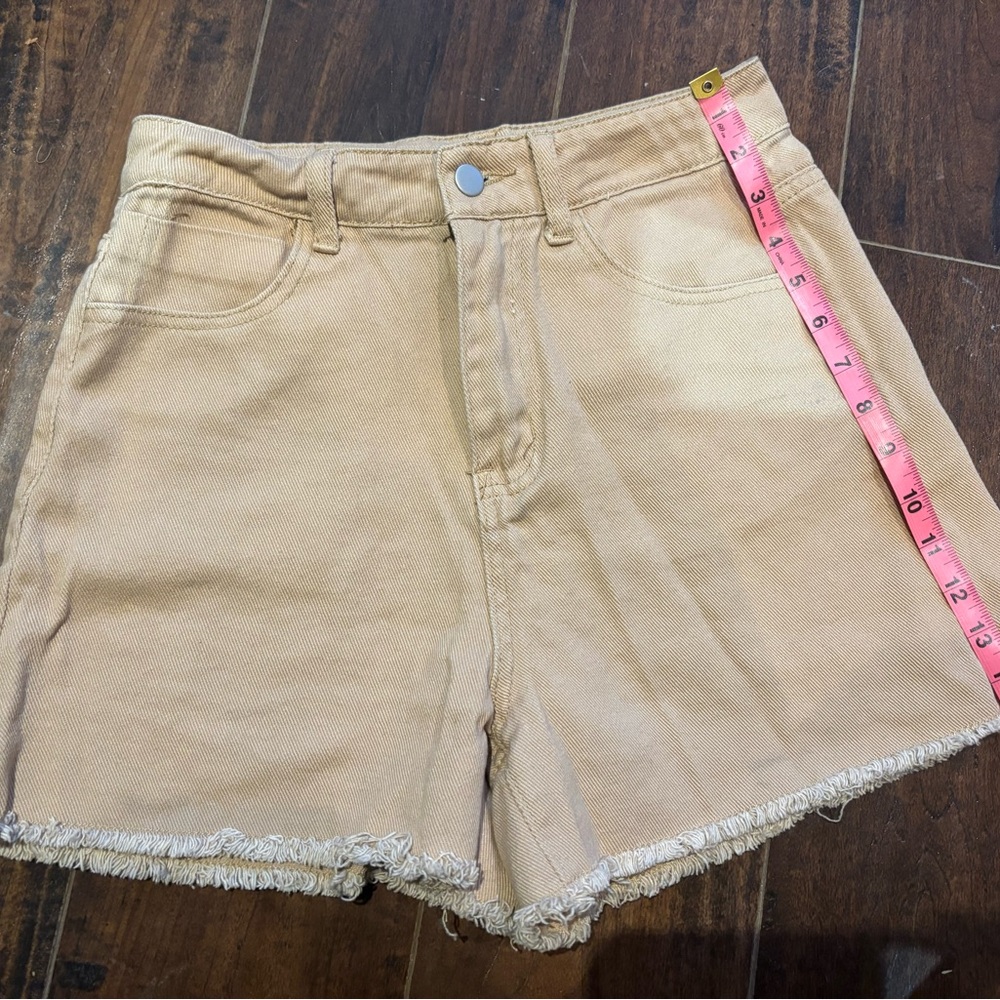 Tan High-Waisted Jean Shorts with Frayed Hem
